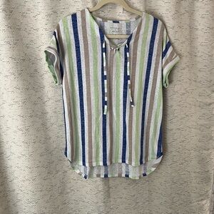 Preswick & Moore white green tan and blue striped shirt sleeve top